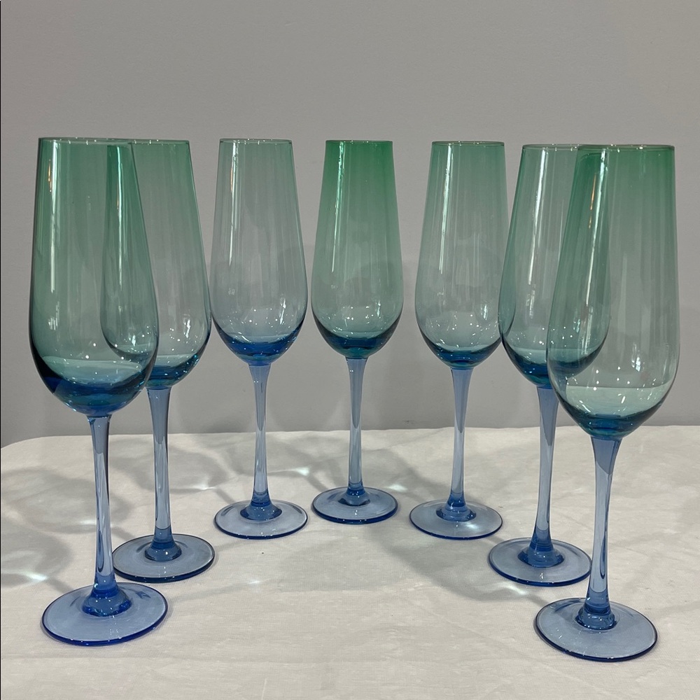 BLOCK Festival Mouthblown Green Blue Champagne Flutes set of 7 duo-tone glass